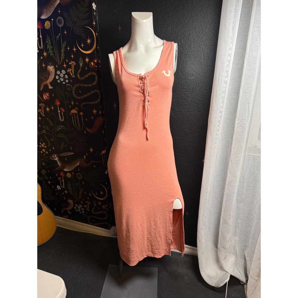 True Religion Womens Ribbed Lace Up Midi Dress Peach Coral Horseshoe Logo Large
